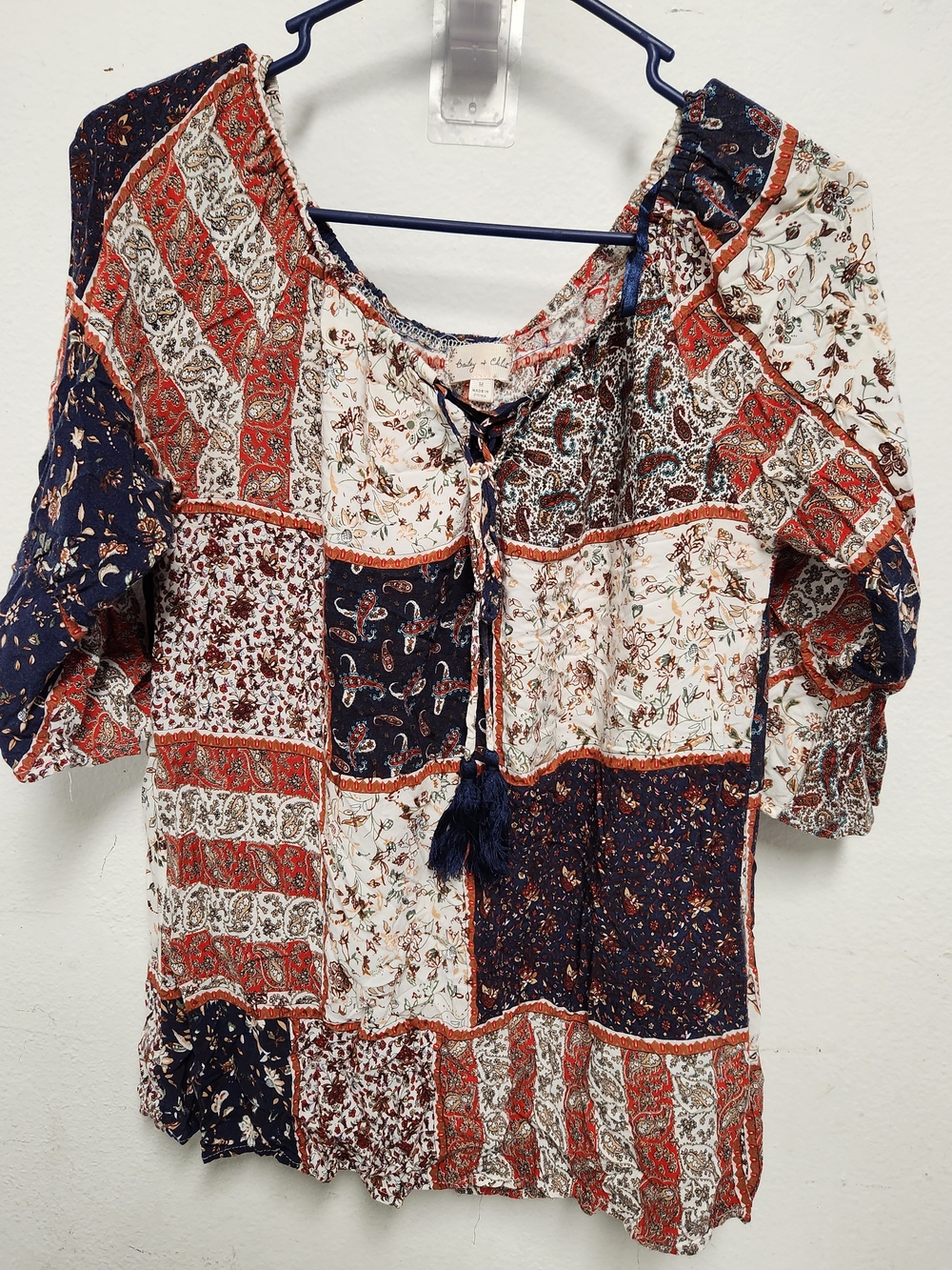 Patchwork Peasant Blouse in Navy and Rust by (no visible brand)